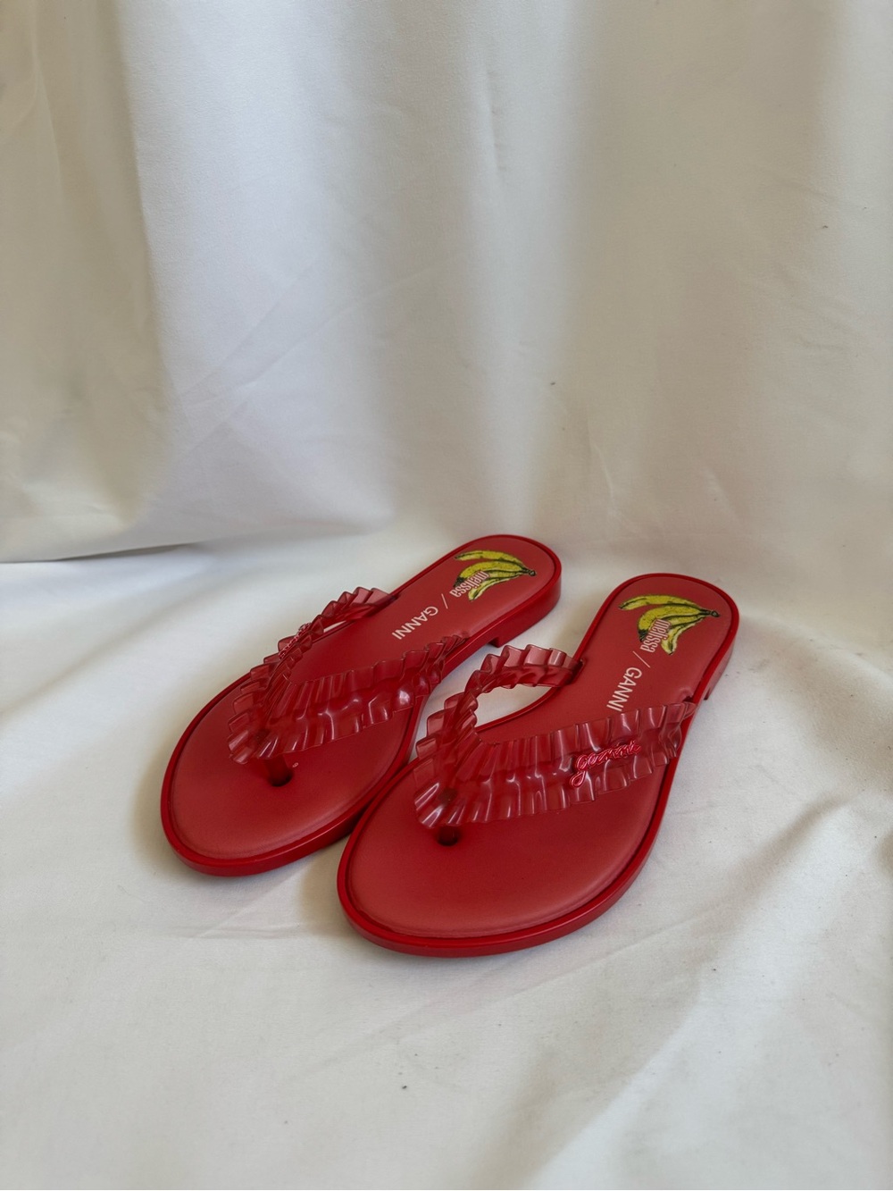 Ganni x Melissa Red Ruffle Jelly Thong Sandals